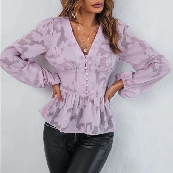 Romantic floral appliqué button detail peplum blouse redwood - Picture 10 of 16